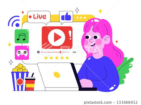 Online Streaming Platforms Illustration Featuring People Watching Live Streams with Video Engagement, Online Education, and Reaching Online Audiences 131666912