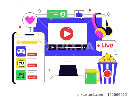 Online Streaming Platforms Illustration Featuring People Watching Live Streams with Video Engagement, Online Education, and Reaching Online Audiences 131666913