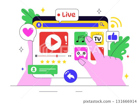 Online Streaming Platforms Illustration Featuring People Watching Live Streams with Video Engagement, Online Education, and Reaching Online Audiences Online Streaming Platforms Illustration Featuring People Watching Live Streams with Video Engagement, Online Education, and Reaching Online Audiences 131666914
