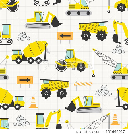 CONSTRUCTION SITE seamless pattern illustration vector cute kiddy decorative background wallpaper with various vehicles 131666927