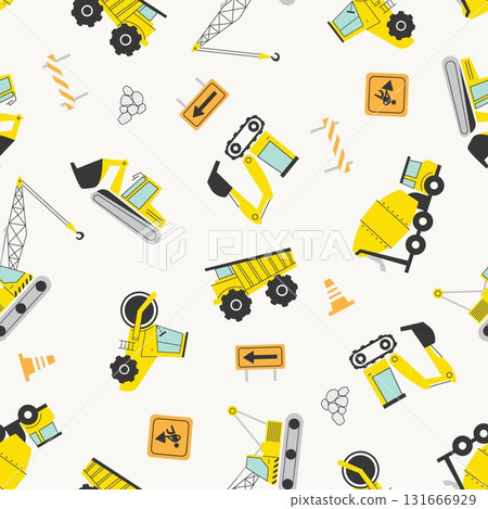 CONSTRUCTION SITE seamless pattern illustration vector cute kiddy decorative background wallpaper with various vehicles 131666929