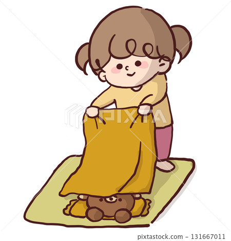 Illustration of a child pretending to take a nap with a teddy bear sleeping on his futon Illustration of a child pretending to take a nap with a teddy bear sleeping on his futon 131667011