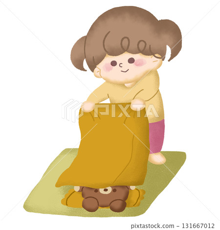 Illustration of a child pretending to take a nap with a teddy bear sleeping on his futon 131667012