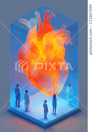 Vibrant 3D heart model displayed in glass enclosure 131667094