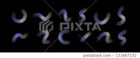 Set of abstract dotted strokes with grainy neon gradient texture. Futuristic glowing dotted shapes isolated on dark background, perfect for poster, UI, music cover and modern design Set of abstract dotted strokes with grainy neon gradient texture. Futuristic glowing dotted shapes isolated on dark background, perfect for poster, UI, music cover and modern design 131667132