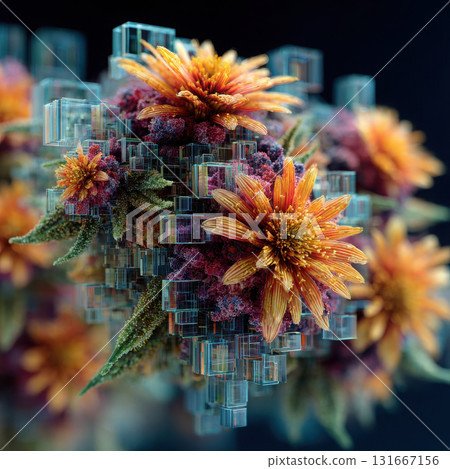 Orange flower with glass cubes and purple moss in dark 131667156