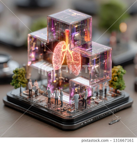 Holographic lungs display with medical team examining futuristic 131667161