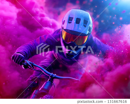 Dynamic mountain biker racing through vibrant colored smoke. 131667616