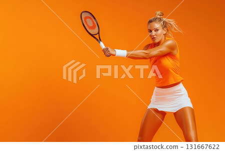 Athletic woman playing tennis with vibrant orange background. 131667622