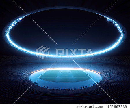Illuminated sports stadium with vibrant lighting at night. 131667889