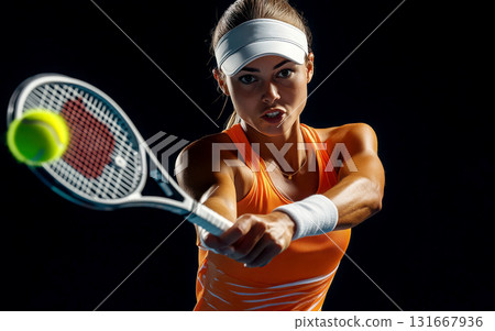Dynamic tennis player in action, showcasing athletic prowess. 131667936