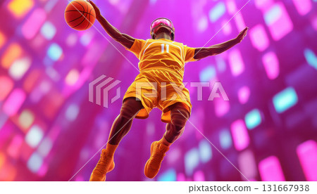 A basketball player performs a slam dunk in vibrant colors. 131667938