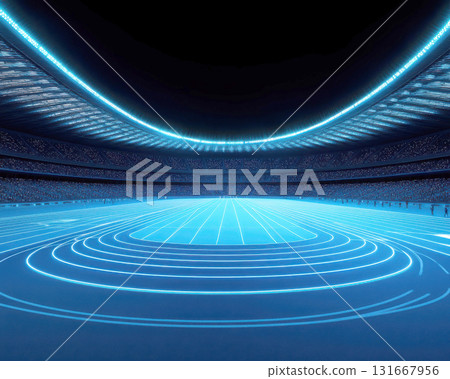 Futuristic sports arena with glowing blue lighting and design. 131667956