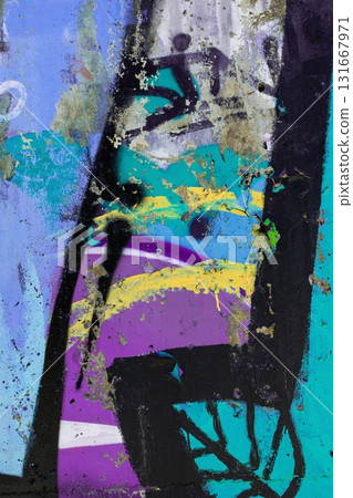 Abstract Urban Graffiti in Bold Purple, Teal, Yellow with Grunge Aesthetic 131667971