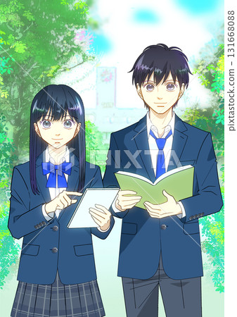 以學校建築為背景的男女高中生或國中生的動漫風格插圖 以學校建築為背景的男女高中生或國中生的動漫風格插圖 131668088