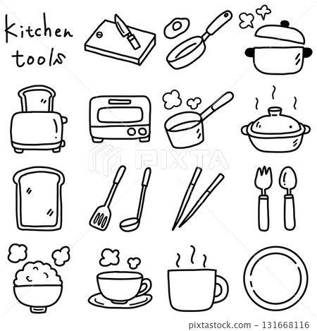 Simple and cute hand-drawn line kitchen utensil illustration set 131668116
