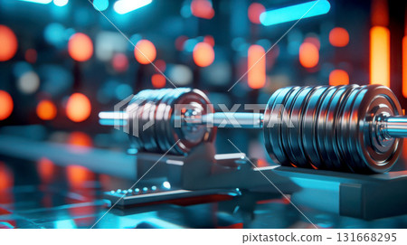 Close-up of a gym barbell with weights in a modern fitness studio. 131668295