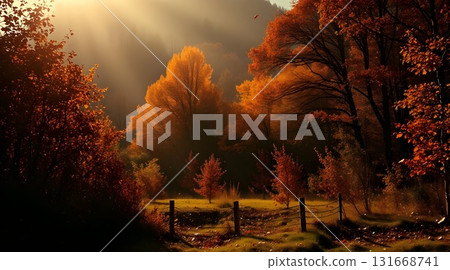 Golden Autumn Sunlight Through Orange Leaves in Serene Park Scene for a Warm Peaceful Mood. 131668741