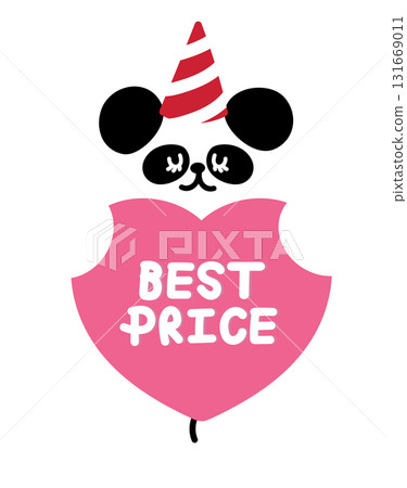 Cute Christmas BEST PRICE sale icon with panda bear for festive winter deal, online shopping, promotion, sticker, banner, special price, discount, web button, campaign, ads, zoo, souvenir shop, animal 131669011