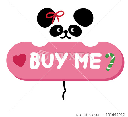 Cute Christmas BUY ME sale icon with panda bear for festive winter deal, online shopping, promotion, sticker, banner, special price, discount, web button, campaign, ads, zoo, souvenir shop, animals 131669012