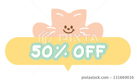 Cute 50% OFF sale icon with cat for online shopping, promotion, sticker, banner, special price, discount, web button, campaign badge, brochure, price tag, animal, pet shop, vet, kitten cartoon, ads 131669016