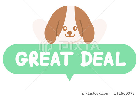 Cute GREAT DEAL sale icon with puppy for online shopping, promotion, sticker, banner, special price, discount, web button, campaign badge, brochure, price tag, animal, pet shop, vet, dog cartoon, ads 131669075