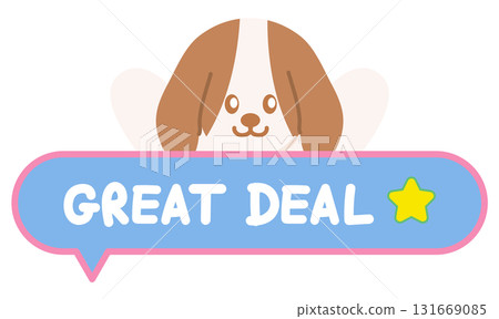 Cute GREAT DEAL sale icon with puppy for online shopping, promotion, sticker, banner, special price, discount, web button, campaign badge, brochure, price tag, animal, pet shop, vet, dog cartoon, ads 131669085
