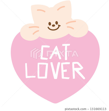 Cute illustrations of cat and CAT LOVER letters for adopt and rescue animals, sticker, pet shop, vet, kitten cartoon, character, comic, mascot, patch, foster home, shelter, forever home, paw friend 131669113
