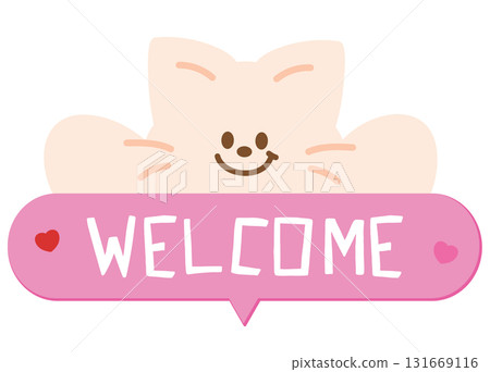 Cute WELCOME icon with cat for greeting card, online shopping, promotion, banner, special price, discount, web button, campaign badge, brochure, price tag, animal, pet shop, vet, kitten cartoon 131669116