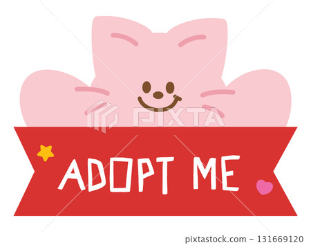 Illustrations of cat and ADOPT ME letters for adopt and rescue animals, sticker, pet shop, vet, kitten cartoon, character, comic, mascot, patch, foster home, shelter, forever home, paw friend 131669120