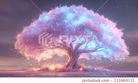 A shining, fantastical cherry tree - a mysterious landscape shining in the night sky A shining, fantastical cherry tree - a mysterious landscape shining in the night sky 131669151