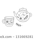 Herbal tea pot and cup. Line drawing, simple doodle art. Vector illustration black and white. Minimalist lineart of a teapot and cup with leaves, herbs, floral elements. Relaxation, cozy spa time 131669281