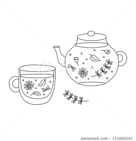 Herbal tea pot and cup. Line drawing, simple doodle art. Vector illustration black and white. Minimalist lineart of a teapot and cup with leaves, herbs, floral elements. Relaxation, cozy spa time Herbal tea pot and cup. Line drawing, simple doodle art. Vector illustration black and white. Minimalist lineart of a teapot and cup with leaves, herbs, floral elements. Relaxation, cozy spa time 131669281