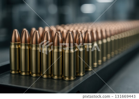 Rows of Brass Pistol Cartridges on Industrial Conveyor 131669443