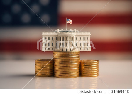 White House Miniature on Stacks of Gold Coins With American Flag 131669448