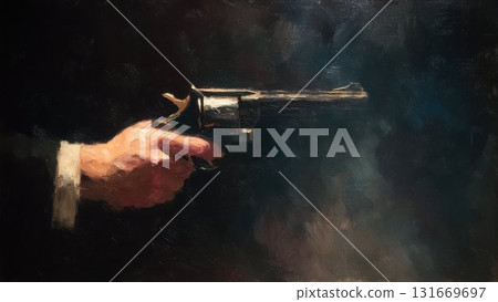 一隻手握槍的油畫。一幅令人印象深刻、藝術感十足的畫作。 一隻手握槍的油畫。一幅令人印象深刻、藝術感十足的畫作。 131669697