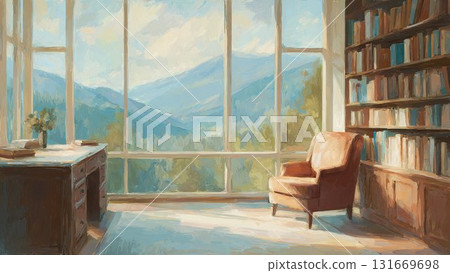 窗邊的書房,可欣賞山景。室內氛圍寧靜祥和。油畫風格的插畫。 窗邊的書房,可欣賞山景。室內氛圍寧靜祥和。油畫風格的插畫。 131669698