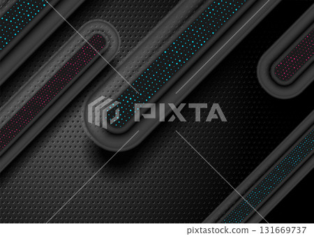 Black tech perforated texture abstract background with smooth stripes and bright dots 131669737