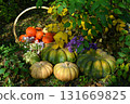 Vintage still life with pumpkins, flowers and decorations outside, thanksgiving day background, autumn calendar season concept Vintage still life with pumpkins, flowers and decorations outside, thanksgiving day background, autumn calendar season concept 131669825