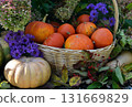 Vintage still life with pumpkins in the basket, flowers and decorations outside, thanksgiving day background, autumn calendar season concept Vintage still life with pumpkins in the basket, flowers and decorations outside, thanksgiving day background, autumn calendar season concept 131669829