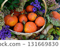 Vintage still life with pumpkins in the basket, flowers and decorations outside, thanksgiving day background, autumn calendar season concept Vintage still life with pumpkins in the basket, flowers and decorations outside, thanksgiving day background, autumn calendar season concept 131669830