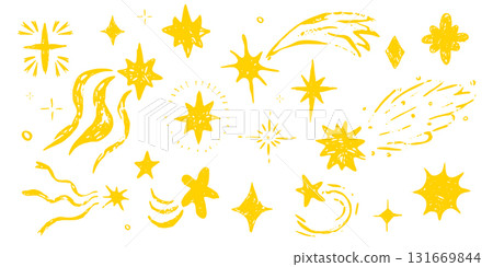 Star falling crayon chalk pencil hand drawn scribble sketch or doodle design element. Sparkle figure school scribble bg. Crayon twinkle blink, firework, glitter silhouette and glowing symbols 131669844