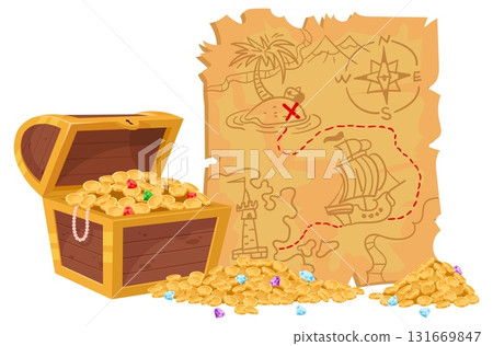 Chest with gold coins. Precious stones and pirate treasure map. Medieval box. Gemstones heap. Fabulous wealth. Ripped parchment. Old journey roadmap. Ancient cartography. Vector concept Chest with gold coins. Precious stones and pirate treasure map. Medieval box. Gemstones heap. Fabulous wealth. Ripped parchment. Old journey roadmap. Ancient cartography. Vector concept 131669847