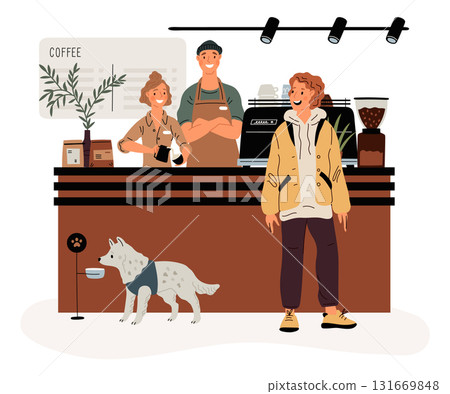 Coffee shop visitors. Restaurant customers. People in cafe. Pet owner drinks espresso. Professional barista behind counter makes cappuccino. Coffeehouse interior. Garish vector concept Coffee shop visitors. Restaurant customers. People in cafe. Pet owner drinks espresso. Professional barista behind counter makes cappuccino. Coffeehouse interior. Garish vector concept 131669848
