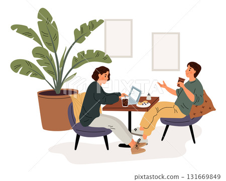 Coffee shop visitors. Restaurant customers. People in cafe. Friends sitting at table and drink espresso. Freelancer work. Couple meeting. Coffeehouse interior. Garish vector concept 131669849