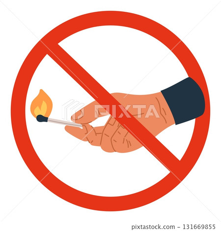 Hand holds burning match in red prohibition sign. Circle crossed symbol of fire forbidden. Arm with blazing matchstick. No ignition. Restricted bonfire. Banning open flames vector icon Hand holds burning match in red prohibition sign. Circle crossed symbol of fire forbidden. Arm with blazing matchstick. No ignition. Restricted bonfire. Banning open flames vector icon 131669855