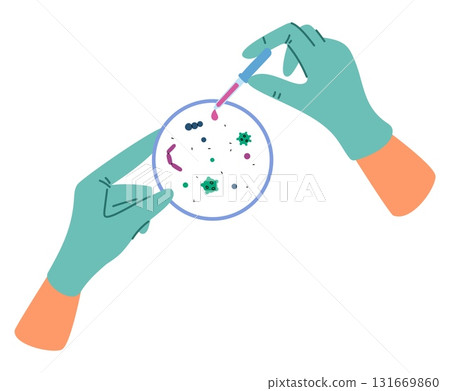 Hand of microbiologist wearing glove holds Petri glass dish and pipette. Laboratory science experiment. Microbe medical research. Microbiology analysis. Lab equipment. Vector concept 131669860