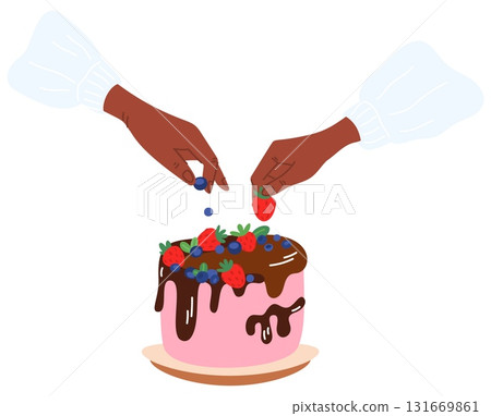 Hands of pastry chef decorate cake with candied or fresh fruit. Cook arms putting berries in chocolate glaze. Baking dessert. Confectionery preparing. Holiday food cooking. Vector concept Hands of pastry chef decorate cake with candied or fresh fruit. Cook arms putting berries in chocolate glaze. Baking dessert. Confectionery preparing. Holiday food cooking. Vector concept 131669861