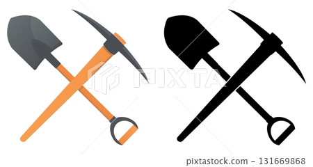 Icon of crossed shovels and pickaxes. Miners tools. Black silhouette axe. Digging scoop. Construction equipment. Spade for mining. Goldminer inventory. Ore excavation. Vector symbols set 131669868