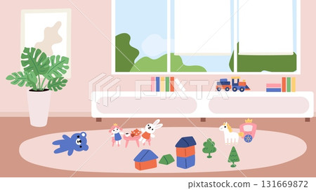 Interior of childrens daycare playroom with soft toys and educational games. Nursery empty room. Plush teddy and play cubes on carpet. Kindergarten indoor playground. Vector background 131669872
